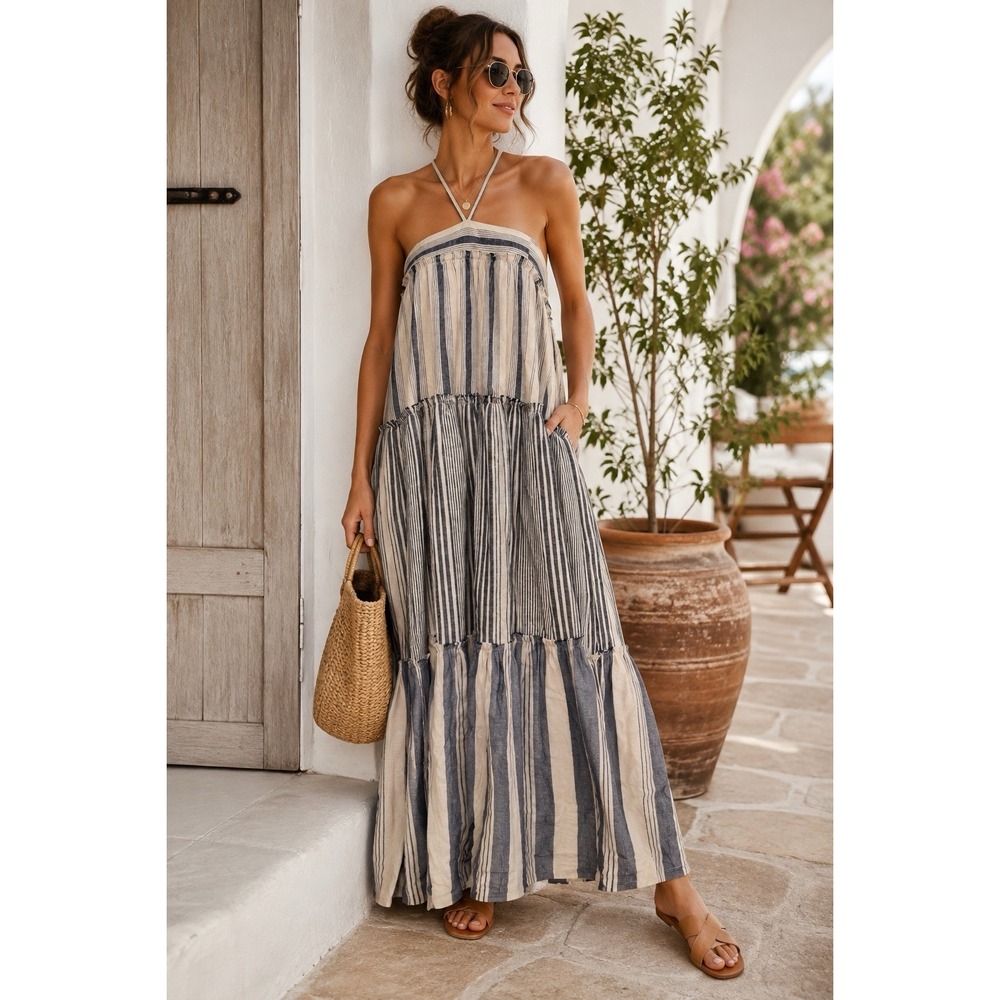 J Crew Linen Blend Tiered Maxi Dress XL Halter Blue White Stripe‎ Adjustable